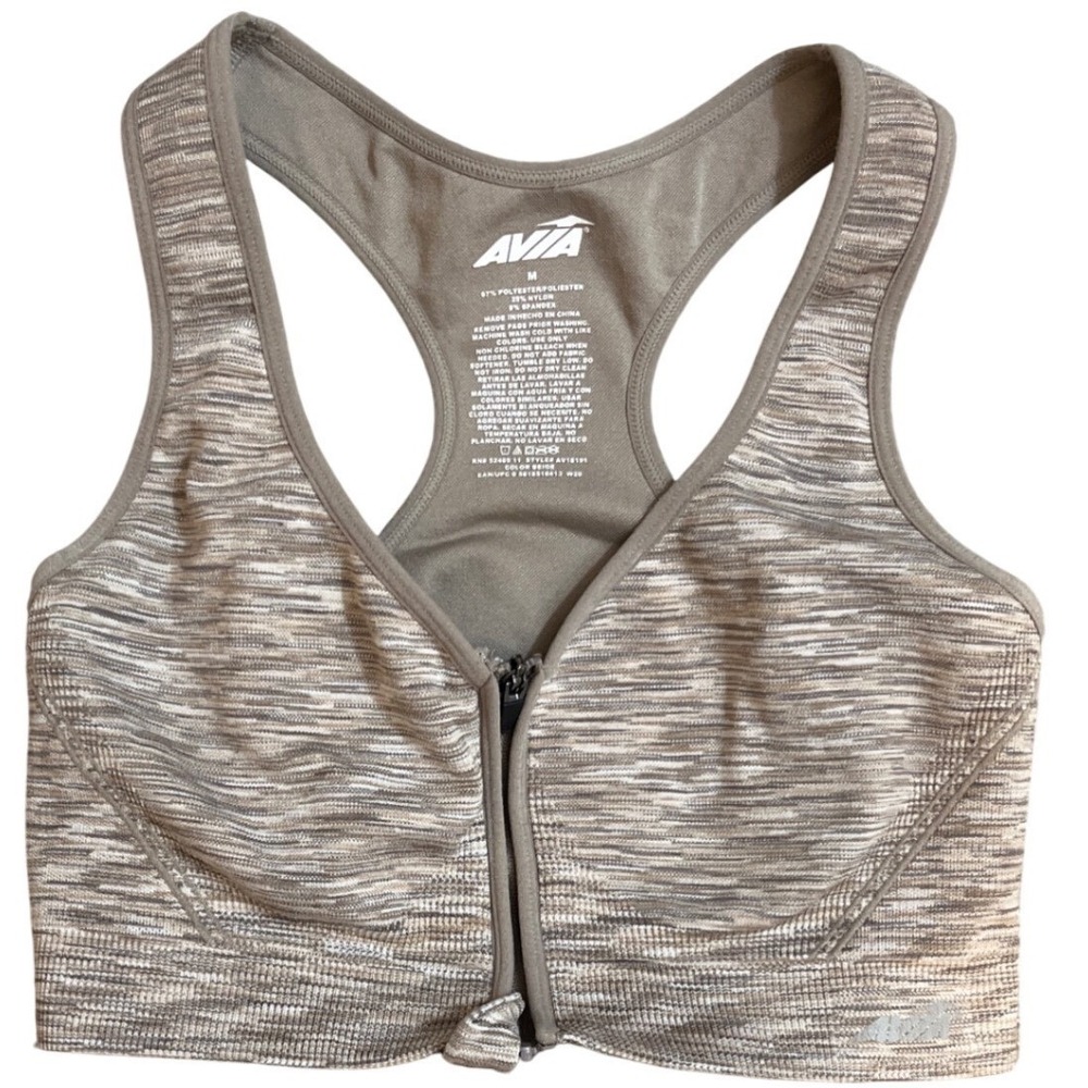 Avia Womens Front Zip Racerback Sports Bra Space Dye Taupe Gray Medium NWOT